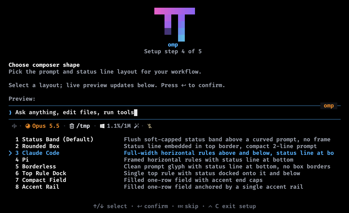 Setup step 4 of 5: composer shape, with Claude Code highlighted above a live preview of the prompt