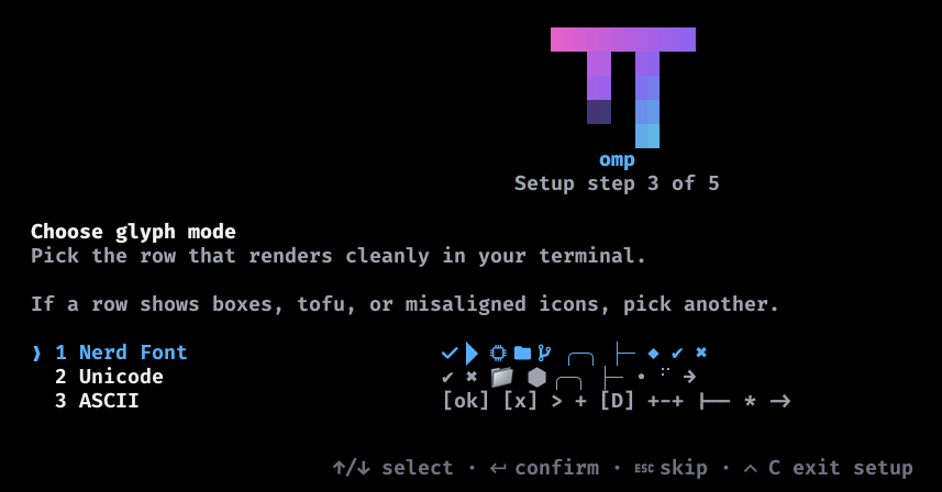 Setup step 3 of 5: glyph mode, with sample icons in Nerd Font, Unicode and ASCII to compare