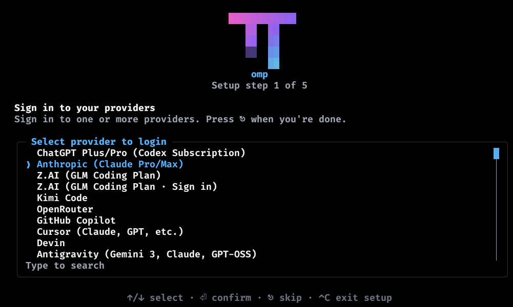 omp setup, step 1 of 5: a list of providers to sign in to, with Anthropic (Claude Pro/Max) highlighted